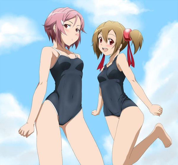 Anime picture 1807x1676 with sword art online a-1 pictures silica lisbeth akou (phoenix777) blush highres short hair open mouth red eyes brown hair multiple girls pink hair girl hair ornament 2 girls swimsuit