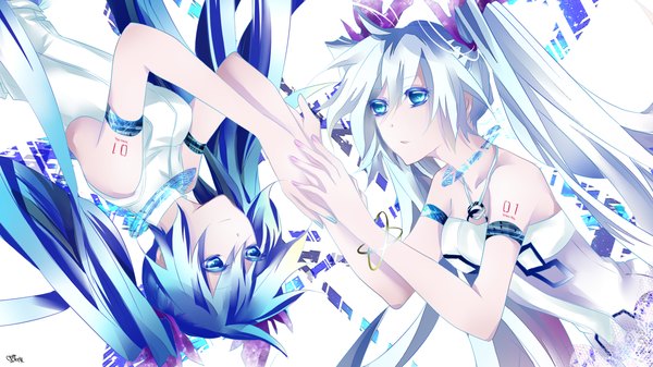 Anime picture 1660x933 with vocaloid hatsune miku long hair wide image twintails multiple girls white hair aqua eyes aqua hair alternate hair color girl 2 girls