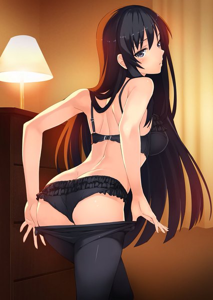 Anime-Bild 1200x1688 mit shoujo-tachi wa kouya wo mezasu project no.9 kuroda sayuki matsuryuu single long hair tall image looking at viewer blush fringe breasts light erotic black hair hair between eyes ass indoors looking back from behind grey eyes underwear only