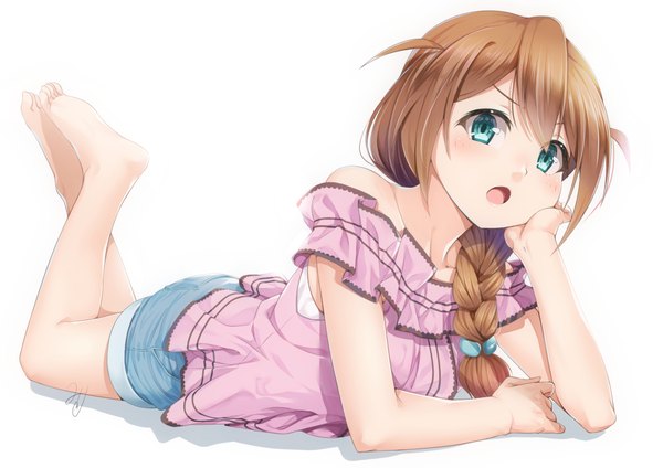 Anime picture 1169x827 with idolmaster idolmaster million live! baba konomi miri (ago550421) single long hair looking at viewer blush fringe open mouth simple background hair between eyes brown hair white background bare shoulders signed full body bent knee (knees) lying braid (braids)