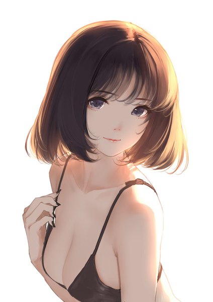 Anime picture 1000x1414 with original caidychen single tall image looking at viewer fringe short hair breasts light erotic simple background brown hair white background purple eyes cleavage upper body nail polish fingernails light smile black nail polish backlighting