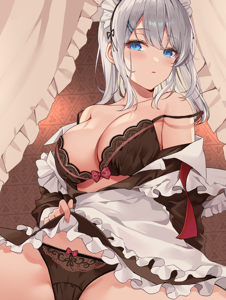 Anime picture 1092x1450 with original hizuki higure single long hair tall image looking at viewer blush fringe breasts blue eyes light erotic large breasts sitting bare shoulders cleavage silver hair indoors off shoulder maid strap slip