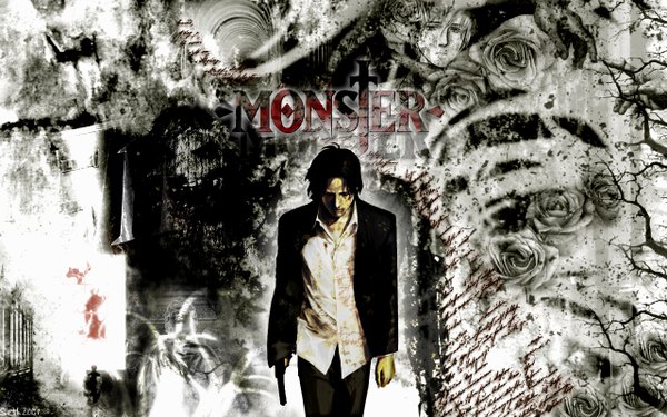 Anime-Bild 1280x800 mit monster (manga) johan liebert tenma kenzou looking at viewer short hair black hair standing holding eyes closed multiple boys wallpaper copyright name solo focus open collar boy flower (flowers) weapon shirt white shirt rose (roses)