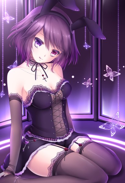Anime picture 1000x1463 with original shitou single tall image looking at viewer fringe short hair breasts light erotic sitting purple eyes bare shoulders animal ears cleavage purple hair light smile heterochromia :p girl thighhighs