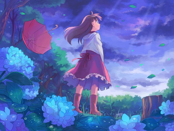 Anime picture 800x600 with original shati single long hair brown hair standing looking away sky full body outdoors wind girl dress flower (flowers) hood umbrella knee boots water drop red dress hydrangea