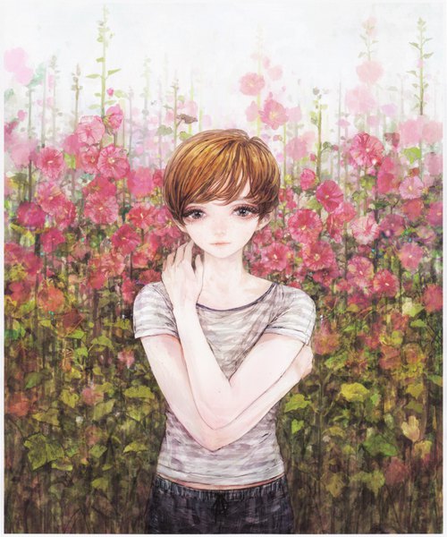 Anime picture 704x844 with original amber tobi single tall image looking at viewer fringe short hair brown hair standing outdoors black eyes border striped girl flower (flowers) t-shirt hollyhock
