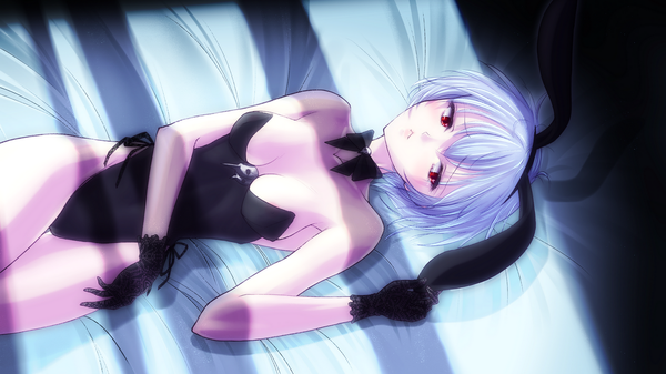 Anime picture 1280x720 with neon genesis evangelion gainax ayanami rei single short hair light erotic red eyes wide image animal ears blue hair lying bunny ears girl gloves bunnysuit