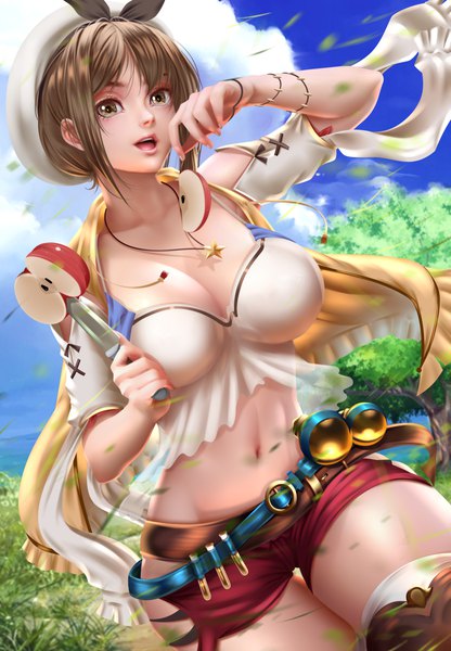 Anime picture 2000x2887 with atelier (series) atelier ryza gust (company) reisalin stout bearwitch single tall image looking at viewer fringe highres short hair breasts open mouth light erotic brown hair large breasts standing holding payot sky