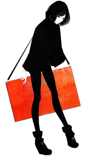 Anime picture 1028x1600 with original sousou (sousouworks) single tall image short hair black hair simple background standing white background full body grey eyes monochrome girl pantyhose shoes boots