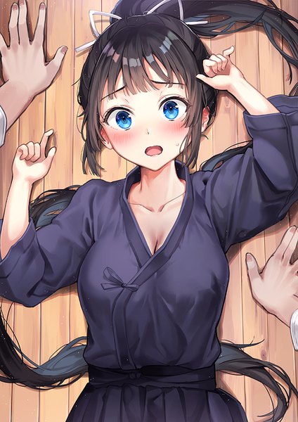 Anime picture 636x900 with original kendo club president (rangu) rangu long hair tall image looking at viewer blush fringe breasts open mouth blue eyes black hair large breasts standing payot cleavage ponytail indoors lying blunt bangs