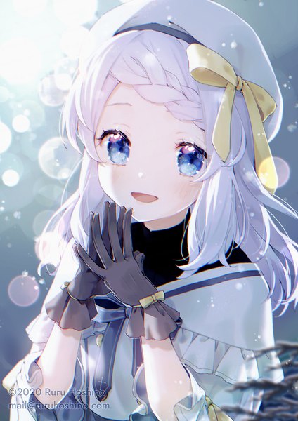 Anime picture 919x1300 with original hoshino ruru single long hair tall image looking at viewer blush open mouth blue eyes signed silver hair upper body braid (braids) :d side braid 2020 fingers together girl gloves black gloves