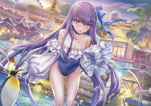 Anime picture 1200x848 with fate (series) fate/grand order meltryllis (fate) meltryllis (swimsuit lancer) (fate) torino aqua single looking at viewer blush fringe open mouth blue eyes light erotic hair between eyes bare shoulders sky purple hair cloud (clouds) outdoors very long hair wet