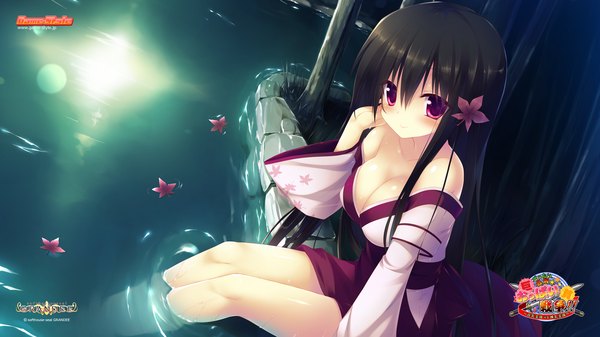 Anime picture 1920x1080 with zettai saikyou oppai sensou!! any (trueblue) long hair blush highres breasts light erotic black hair red eyes wide image japanese clothes girl water kimono leaf (leaves) moon obi