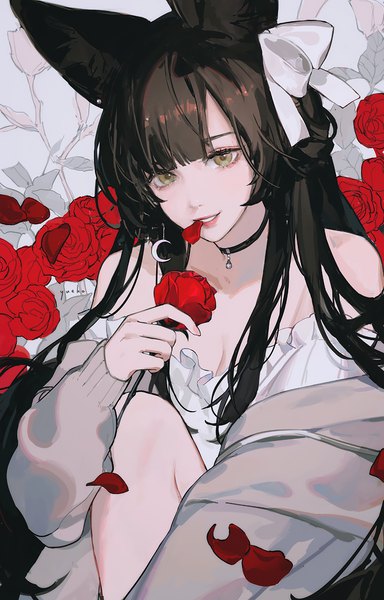 Anime picture 641x1000 with virtual youtuber indie virtual youtuber chai (yueko (jiayue wu)) yueko (jiayue wu) single long hair tall image fringe black hair bare shoulders holding brown eyes animal ears fox ears mouth hold girl flower (flowers) ribbon (ribbons) hair ribbon petals
