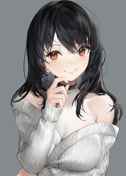 Anime picture 1430x2000 with original iori (cpeilad) single long hair tall image looking at viewer blush fringe black hair simple background smile hair between eyes bare shoulders brown eyes upper body long sleeves nail polish fingernails off shoulder grey background