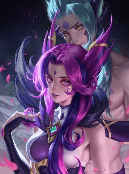 Anime picture 2813x3801 with league of legends xayah (league of legends) rakan (league of legends) star guardian xayah star guardian rakan atomicxx long hair tall image looking at viewer highres light erotic standing purple eyes bare shoulders holding animal ears yellow eyes looking away purple hair upper body