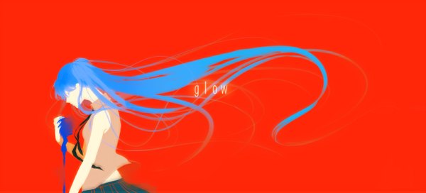 Anime picture 1500x682 with vocaloid hatsune miku toma '3' single long hair wide image holding blue hair eyes closed very long hair profile wind aqua hair sleeveless red background girl skirt ribbon (ribbons) vest microphone stand
