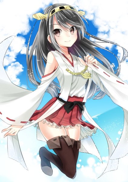 Anime picture 1191x1684 with kantai collection haruna battleship tika (mika4975) single long hair tall image blush black hair smile brown eyes looking away sky cloud (clouds) jumping weightlessness girl hair ornament sea thigh boots