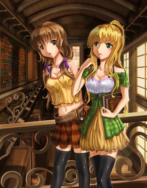 Anime picture 1599x2048 with original rhineheim long hair tall image looking at viewer open mouth blonde hair brown hair multiple girls brown eyes green eyes ponytail zettai ryouiki girl thighhighs dress skirt ribbon (ribbons) black thighhighs 2 girls