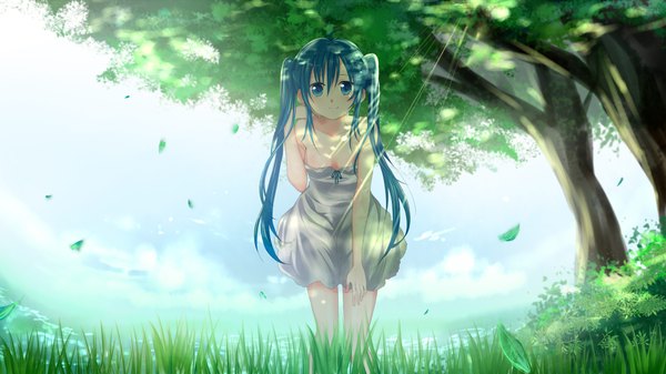 Anime picture 2200x1237 with vocaloid hatsune miku mariwai (marireroy) single long hair looking at viewer highres smile wide image sky cloud (clouds) aqua eyes aqua hair girl dress plant (plants) tree (trees) white dress sundress