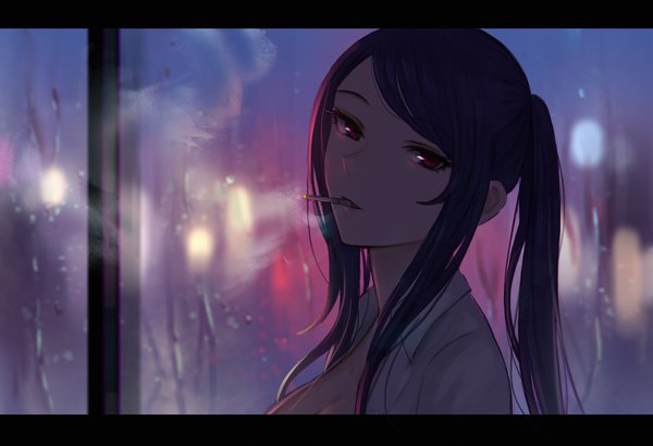 Anime picture 2000x1367 with va-11 hall-a jill stingray selcky single long hair looking at viewer fringe highres red eyes holding payot purple hair upper body ponytail mouth hold letterboxed smoke rain smoking girl