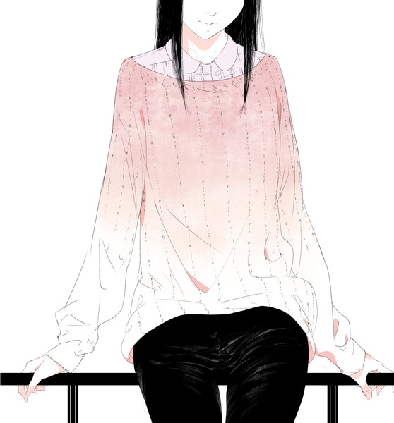 Anime picture 1200x1291 with original sousou (sousouworks) single long hair tall image black hair simple background white background sitting casual girl pants sweater fence