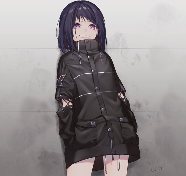Anime picture 2213x2093 with original haizome senri single looking at viewer fringe highres short hair smile standing purple eyes signed grin hands in pockets against wall dark hair girl jacket buttons wall zipper