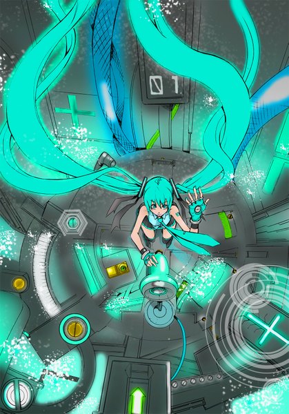 Anime picture 1187x1699 with vocaloid hatsune miku gunsonicrevolver single long hair tall image twintails very long hair aqua eyes aqua hair girl gloves necktie fingerless gloves wire (wires) megaphone