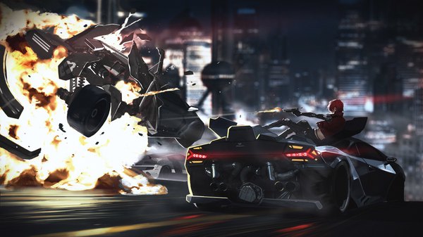 Anime picture 9621x5412 with original lamborghini agatha (tony sun) tony sun single highres short hair wide image absurdres red hair lying on back city explosion shot firing casing ejection girl weapon gun