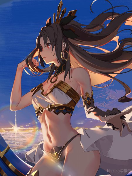 Anime-Bild 1125x1500 mit fate (series) fate/grand order ishtar (fate) bbsucg single long hair tall image blush fringe breasts open mouth light erotic hair between eyes red eyes brown hair bare shoulders signed payot looking away sky