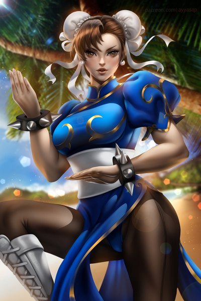 Anime-Bild 3333x5000 mit street fighter capcom chun-li ayyasap single tall image looking at viewer blush fringe highres short hair breasts open mouth light erotic brown hair large breasts standing brown eyes signed payot