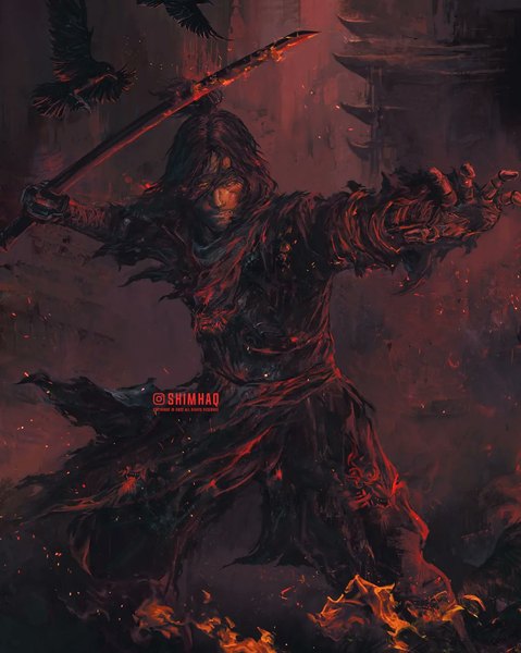 Anime picture 1080x1352 with sekiro: shadows die twice from software sekiro shimhaq single tall image short hair black hair standing holding signed looking away outstretched arm fighting stance boy weapon animal sword bird (birds) katana