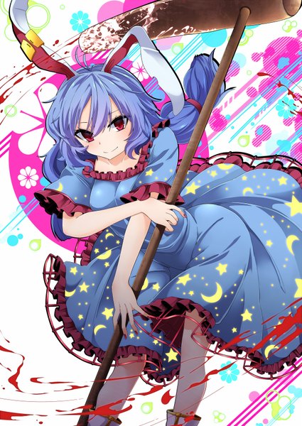 Anime picture 1200x1694 with touhou seiran (touhou) rihito (usazukin) single long hair tall image looking at viewer blush fringe breasts smile hair between eyes red eyes holding animal ears payot blue hair ahoge light smile leaning
