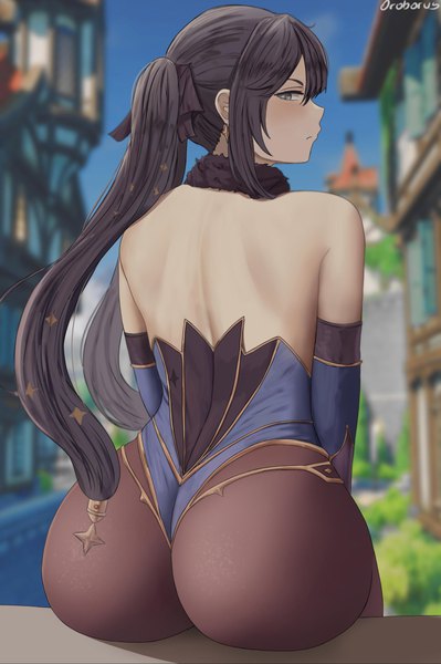 Anime picture 1600x2408 with genshin impact mona megistus oroborus single long hair tall image looking at viewer blush fringe light erotic black hair hair between eyes sitting twintails bare shoulders green eyes signed payot outdoors ass