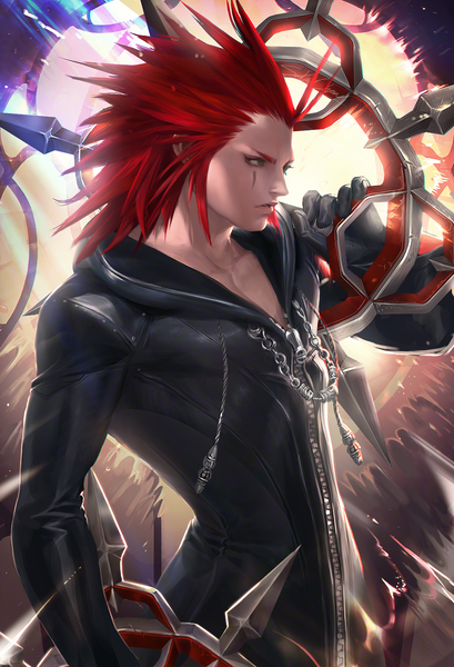 Anime picture 1090x1600 with kingdom hearts square enix axel sakimichan single long hair tall image standing holding green eyes signed looking away red hair parted lips profile realistic facial mark spiked hair boy gloves