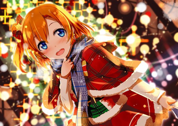 Anime picture 1416x1002 with love live! school idol project sunrise (studio) love live! kousaka honoka gotyou single looking at viewer blush short hair open mouth blue eyes orange hair one side up christmas girl bow hair bow scarf