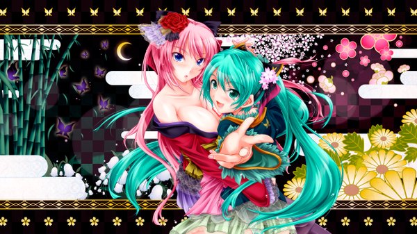 Anime picture 2560x1440 with vocaloid hatsune miku megurine luka tsukineko long hair blush highres breasts open mouth blue eyes light erotic wide image twintails multiple girls green eyes pink hair hair flower green hair girl dress