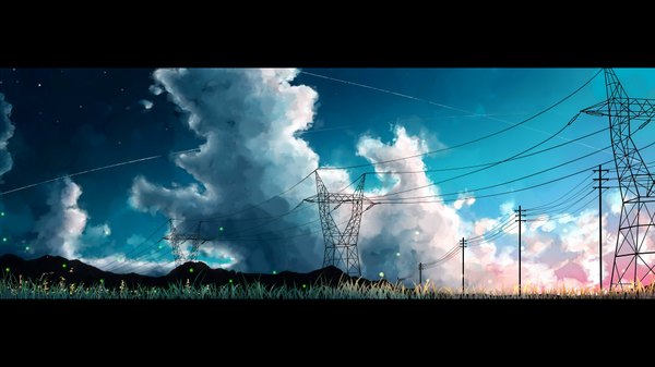 Anime picture 1920x1080 with original kazemachi kei (kaze) highres wide image sky cloud (clouds) landscape shooting star panorama plant (plants) star (stars) grass power lines fireflies