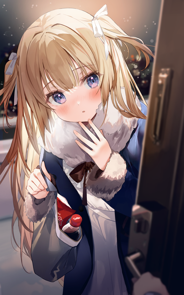 Anime picture 1126x1800 with original kanda done long hair tall image looking at viewer blush open mouth blue eyes blonde hair standing holding long sleeves head tilt night two side up fur trim solo focus pov girl jacket