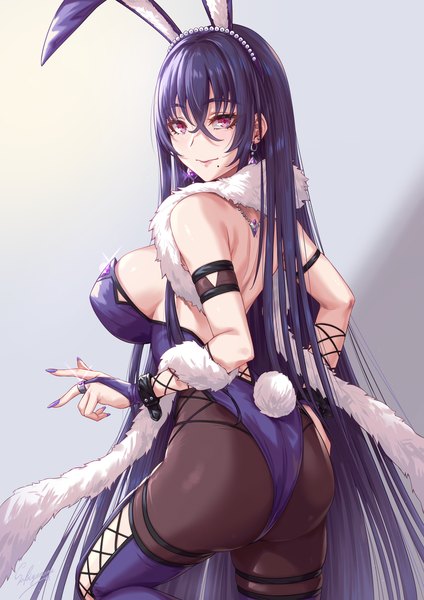 Anime picture 1500x2121 with original sakiyamama single tall image looking at viewer fringe breasts light erotic simple background smile hair between eyes red eyes large breasts standing signed animal ears payot purple hair ass tail