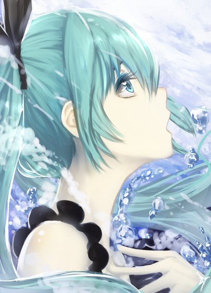 Anime picture 900x1247 with vocaloid shinkai shoujo (vocaloid) hatsune miku ex-trident single tall image fringe open mouth twintails bare shoulders very long hair profile aqua eyes aqua hair close-up underwater girl dress ribbon (ribbons) hair ribbon