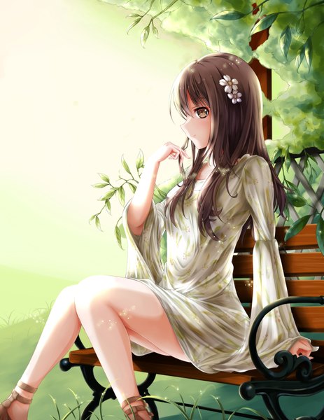 Anime picture 1240x1604 with original wsman single long hair tall image blush fringe smile brown hair sitting brown eyes profile hair flower wide sleeves legs knees touching girl hair ornament flower (flowers) plant (plants)