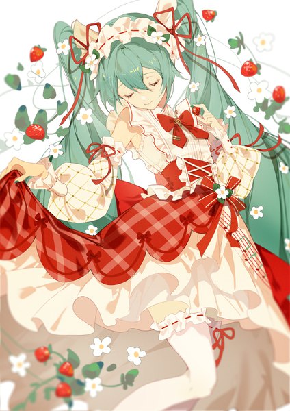 Anime picture 1000x1415 with vocaloid hatsune miku strawberry miku (morikura) indai (3330425) single tall image fringe smile hair between eyes twintails eyes closed very long hair head tilt aqua hair girl thighhighs flower (flowers) detached sleeves white thighhighs food