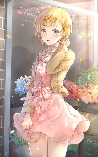 Anime picture 998x1600 with idolmaster idolmaster million live! idolmaster million live! theater days fukuda noriko cuna (qunya) single tall image blush fringe short hair open mouth blonde hair brown eyes looking away outdoors long sleeves arm up wind sunlight inscription
