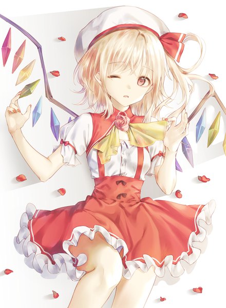 Anime picture 2200x3000 with touhou flandre scarlet cha chya single tall image looking at viewer highres short hair blonde hair red eyes one eye closed one side up hair rings underbust girl petals wings beret crystal