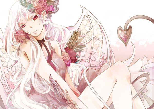Anime picture 2000x1414 with original rio (artist) single long hair looking at viewer highres simple background red eyes white background sitting bare shoulders white hair very long hair hair flower sleeveless wavy hair demon tail bat wings girl dress