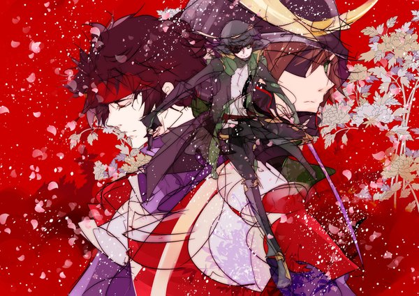 Anime picture 1500x1063 with sengoku basara production i.g date masamune (sengoku basara) sanada yukimura short hair brown hair green eyes eyes closed multiple boys red background boy flower (flowers) weapon sword hairband armor katana 2 boys eyepatch helmet