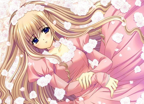 Anime picture 4773x3454 with nishimata aoi single long hair highres blue eyes blonde hair absurdres girl dress flower (flowers)
