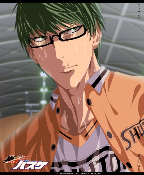 Anime picture 900x1091 with kuroko no basket production i.g midorima shintarou iawessome single tall image short hair green eyes green hair inscription open clothes sweat open shirt coloring boy uniform shirt glasses gym uniform basketball uniform