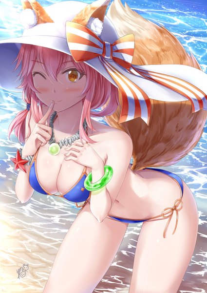 Anime picture 2507x3541 with fate (series) fate/grand order tamamo (fate) (all) tamamo no mae (swimsuit lancer) (fate) ayakase hotaru single long hair tall image looking at viewer blush fringe highres breasts light erotic smile hair between eyes large breasts standing bare shoulders signed